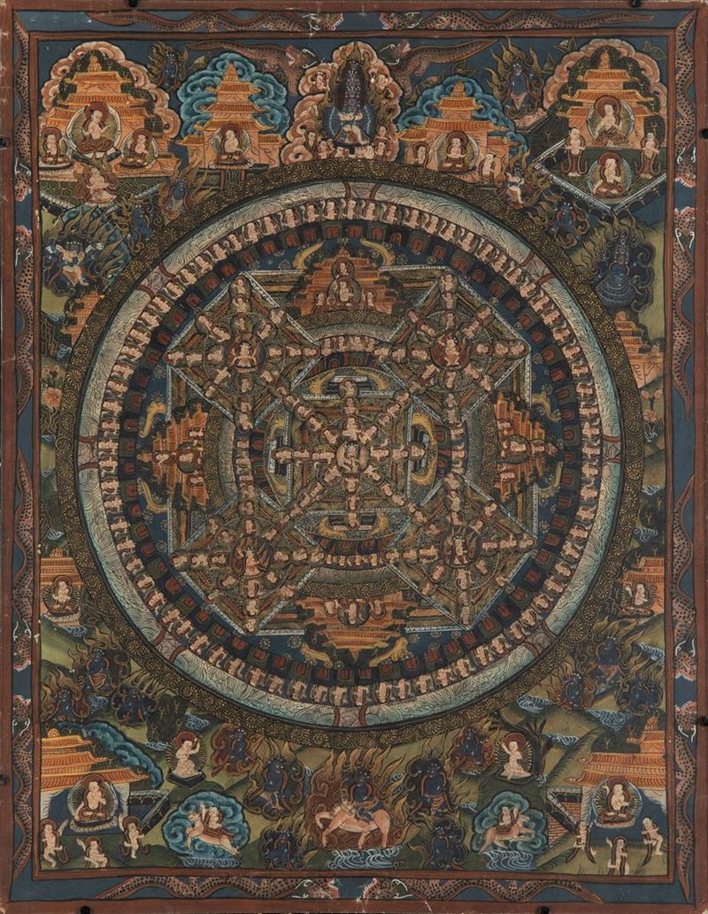 Dipinto su seta applicata su carta raffigurante divinità, Tibet, XX secolo  - Auction Oriental Art - Cambi Casa d'Aste