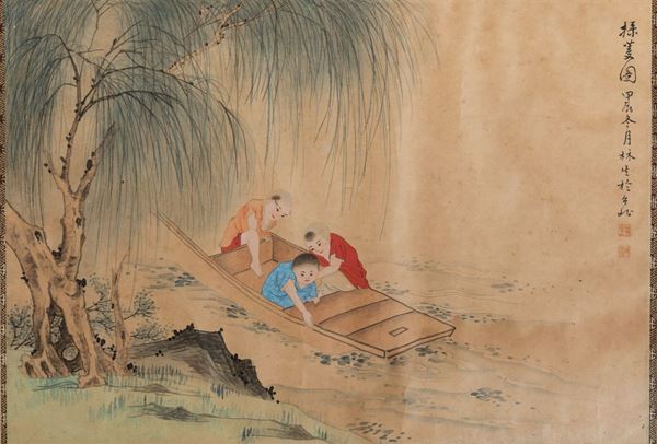 Quattro dipinti su carta raffiguranti fanciulli che giocano e iscrizioni, Cina, XX secolo