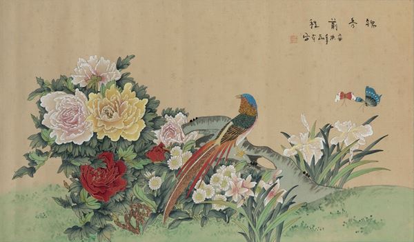 Due dipinti su seta con fiori, volatili e iscrizioni, Cina,  inizi XX secolo