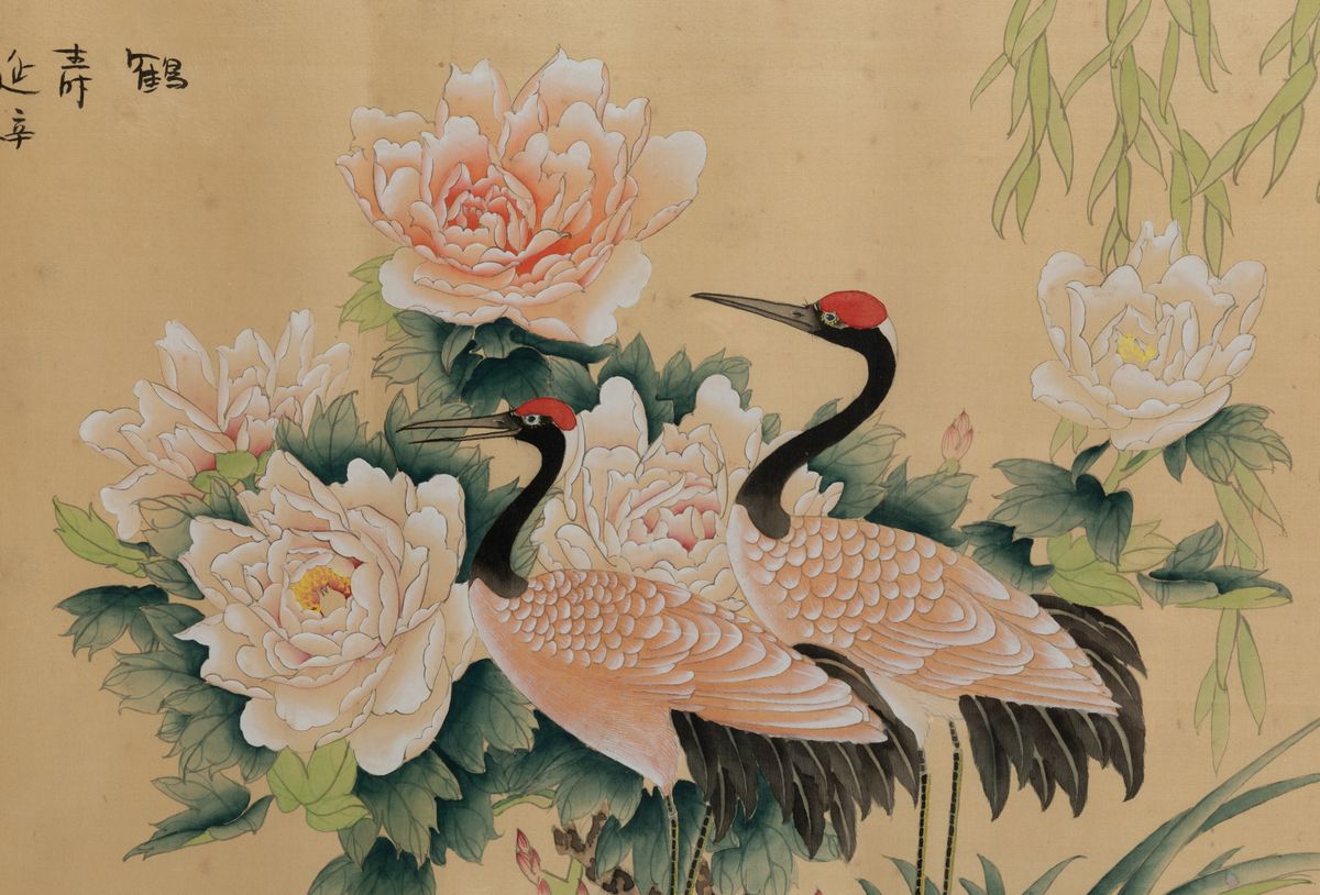 Due Dipinti su Seta con Fiori, Volatili e Iscrizioni, Cina, Inizi XX Secolo
