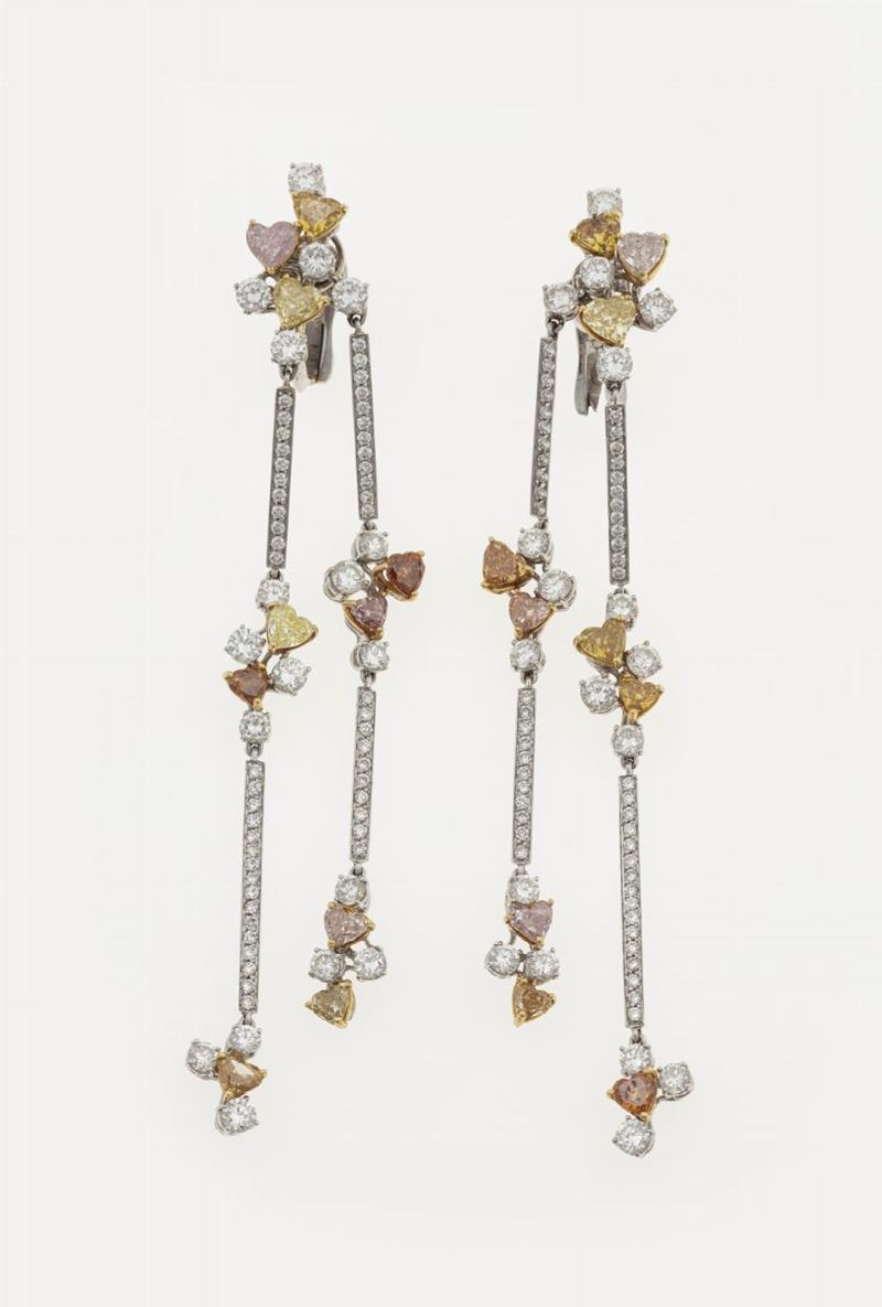 Pair of diamond and colored diamond earrings. Signed Chantecler  - Auction Fine Jewels  - Cambi Casa d'Aste