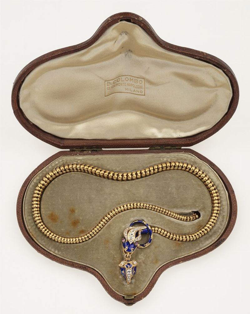 Girocollo serpente con diamanti di vecchio taglio, rubini e smalto blu  - Auction Fine Jewels - Cambi Casa d'Aste