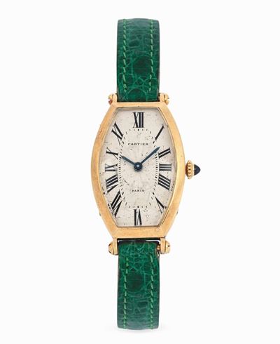 Cartier - Paris Tonneau in Oro Giallo con Cinturino Originale in Alligatore Verde, 1985 Circa.