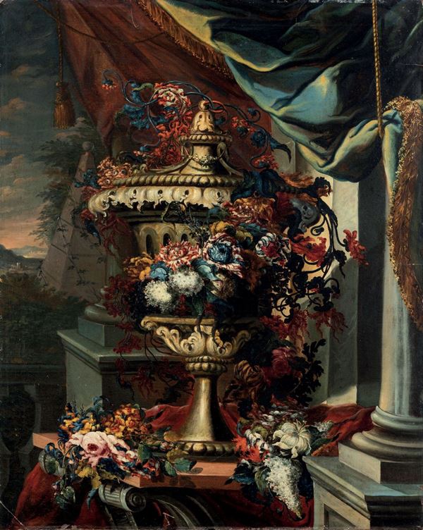 Karel van Vogelaer - Karel van Vogelaer detto Carlo dei fiori (Maastricht 1653 - Roma 1695), attribuito a Natura morta con vaso di fiori e drappi in tessuto