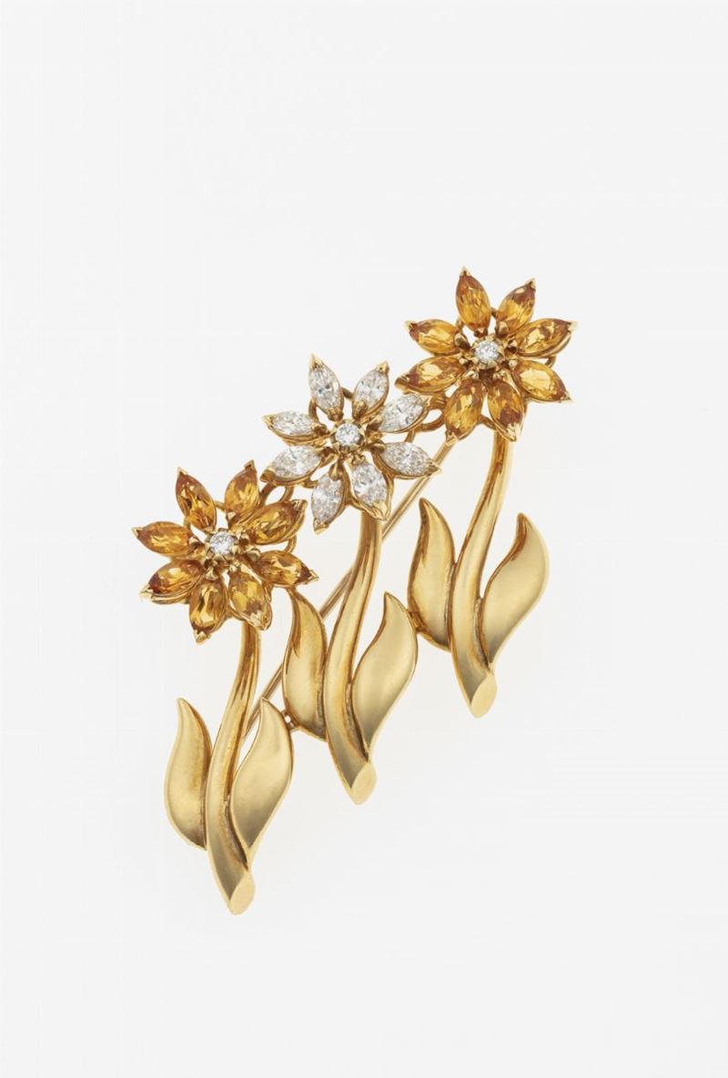 Diamond, citrine and gold brooch. Signed Asprey  - Auction Fine Jewels  - Cambi Casa d'Aste