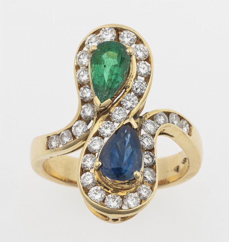 Anello con zaffiro e smeraldo taglio a goccia  - Auction Jewels - Timed Auction - Cambi Casa d'Aste
