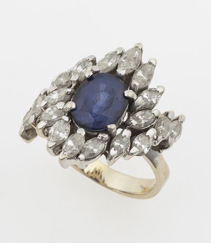 Anello con zaffiro e diamanti taglio navette  - Auction Jewels - Timed Auction - Cambi Casa d'Aste