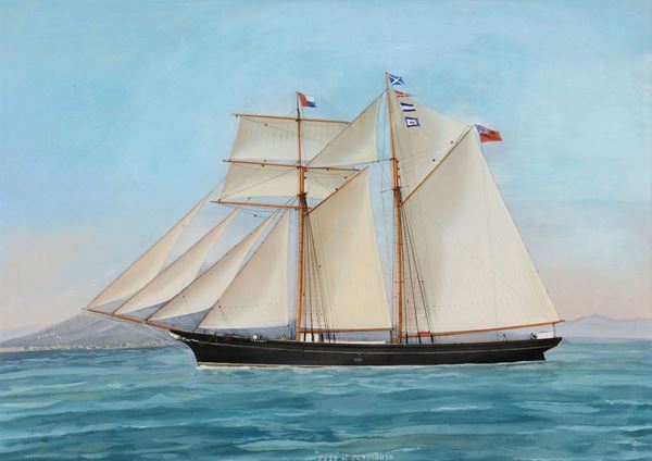 Scuola napoletana dell'inizio del XX secolo Ritratto del brigantino Elsa of Plymouth in navigazione al largo di Napoli
