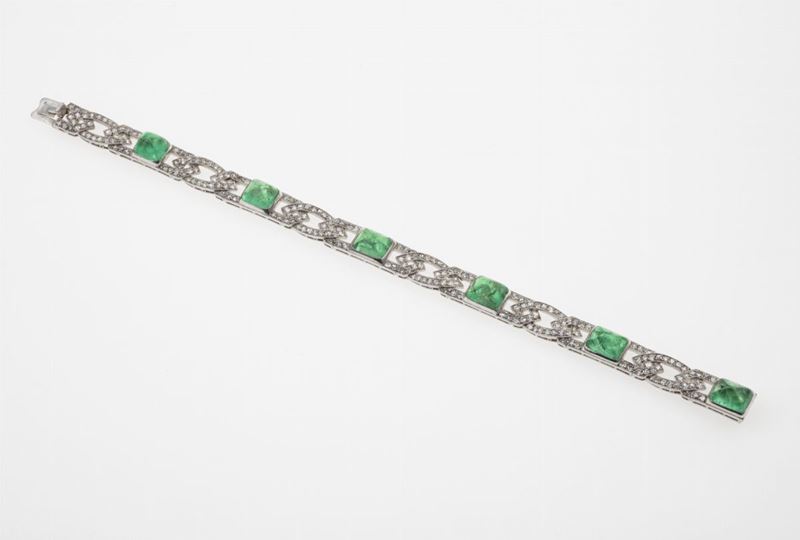 Bracciale in platino con smeraldi Colombia taglio cabochon e diamanti  - Asta Fine Jewels - Cambi Casa d'Aste
