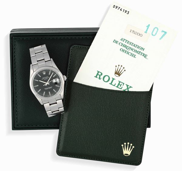 ROLEX - An attractive stainless steel wristwatch with date and oyster bracelet. Original fitted box and Rolex warranty.