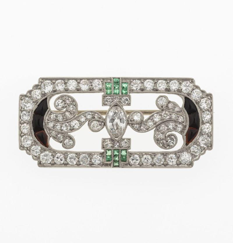 Diamond, emerald, onyx and platinum brooch  - Auction Fine Jewels  - Cambi Casa d'Aste