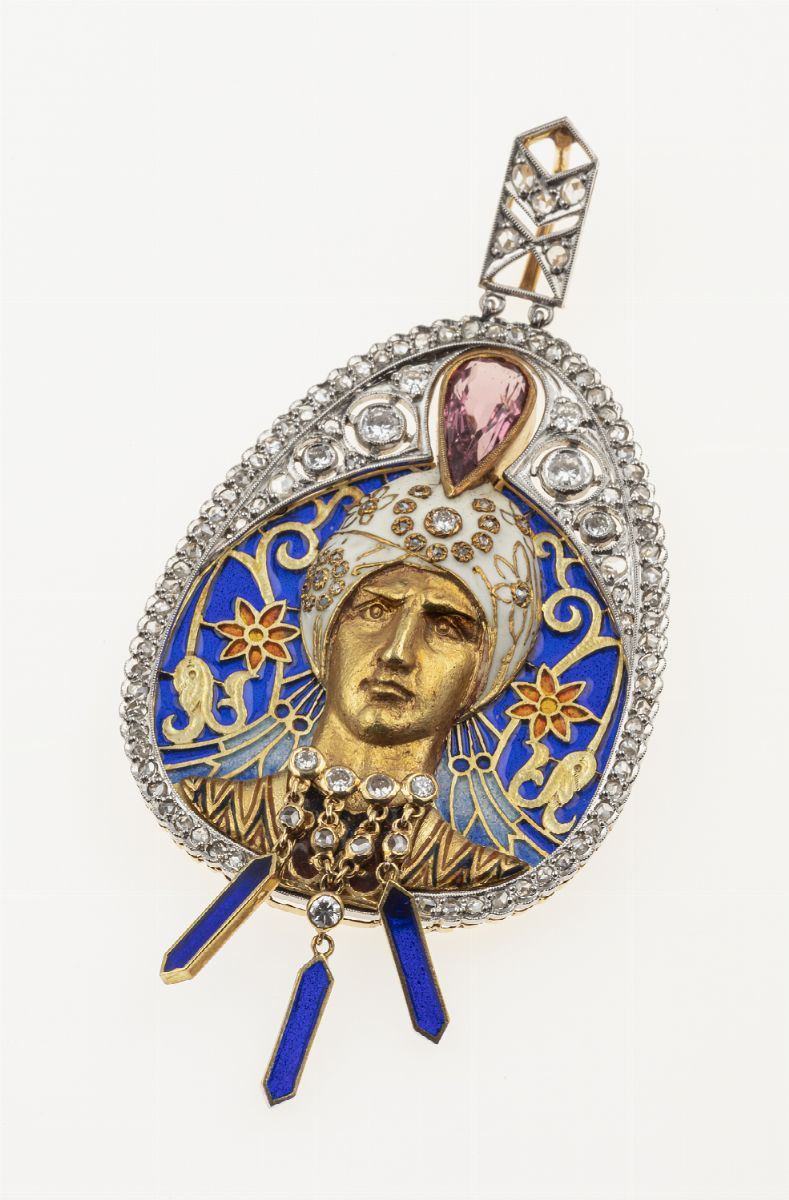 Plique-à-jour enamel, diamond and tourmaline pendant. Signed Masriera y Carreras  - Auction Fine Jewels  - Cambi Casa d'Aste