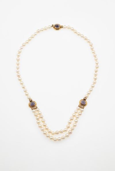 Girocollo di Perle Coltivate con Ametiste Taglio Cabochon e Diamanti