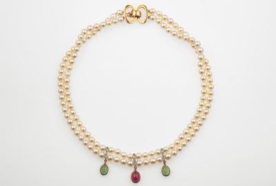 Girocollo di Perle Coltivate con Tormaline Taglio Cabochon e Diamanti