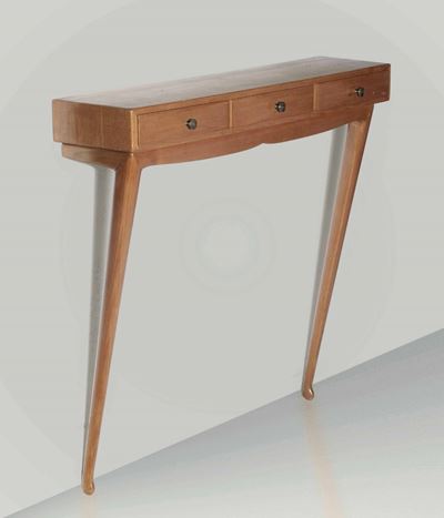 Consolle con Struttura in Legno, Particolari in Ottone e Cassetti.