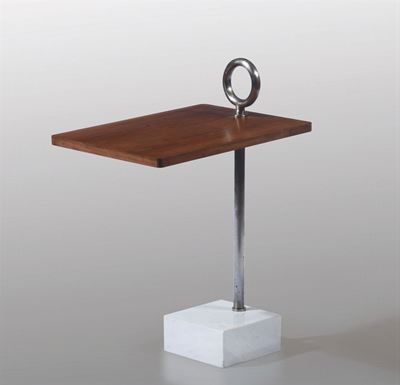 Tavolino di Servizio con Struttura in Ottone Nichelato, Base in Marmo e Piano in Legno.