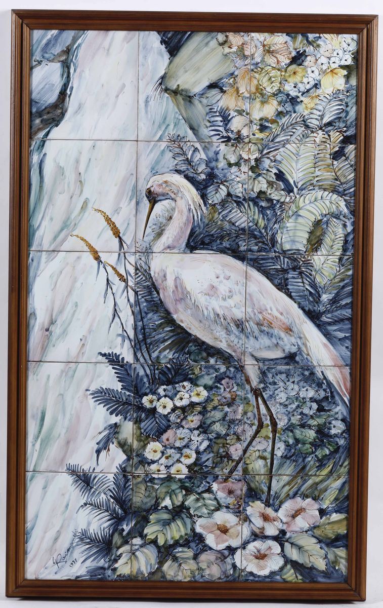 Piastrelle dipinte con gru entro paesaggio, firma Raimondi e data 1971  - Auction Antiques - Time Auction - Cambi Casa d'Aste