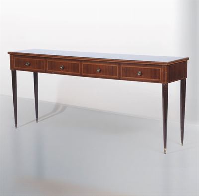 Consolle con Struttura in Legno, Piano in Vetro e Particolari in Ottone.