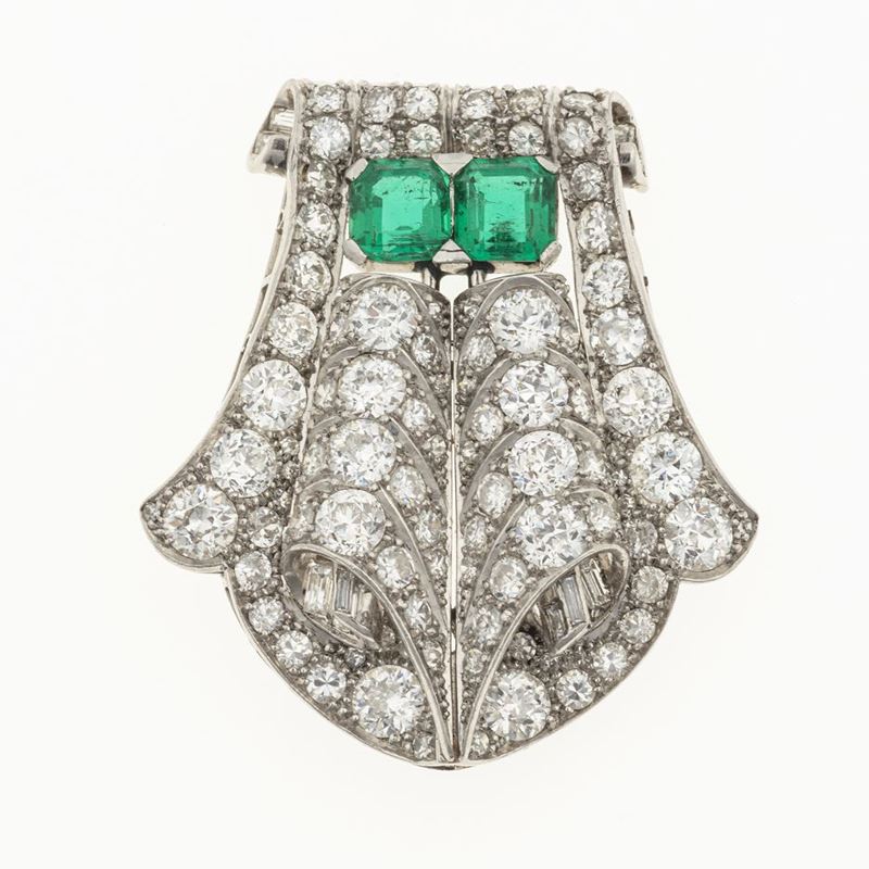 Colombian emerald, diamond and platinum clip  - Auction Fine Jewels  - Cambi Casa d'Aste