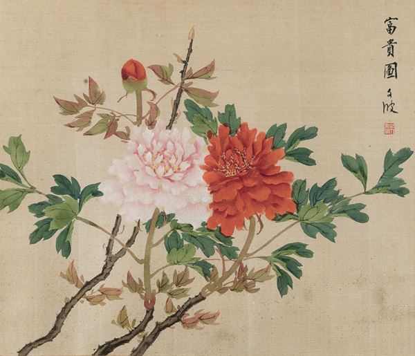 Dipinto su seta con peonie in fiore e iscrizione, Cina, XX secolo