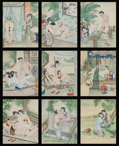 Nove Dipinti su Carta Raffiguranti Scene Erotiche, Cina, Dinastia Qing, XIX Secolo