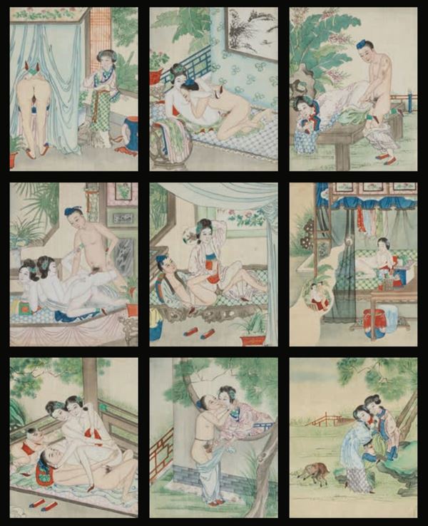 Nove dipinti su carta raffiguranti scene erotiche, Cina, Dinastia Qing, XIX secolo