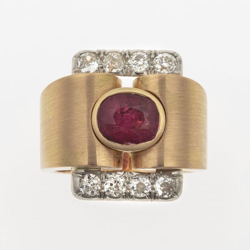 Burmese ruby and diamond ring. Gemmological Report R.A.G. Torino n. C19006mn. No indications of heating  - Auction Fine Jewels  - Cambi Casa d'Aste