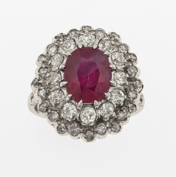 Burmese ruby and diamond ring. Gemmological Report R.A.G. Torino. No indications of heating