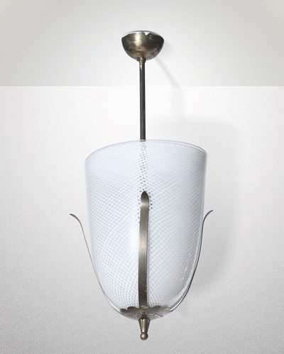 Lampada a Sospensione con Struttura in Ottone e Vetro di Murano Reticello.