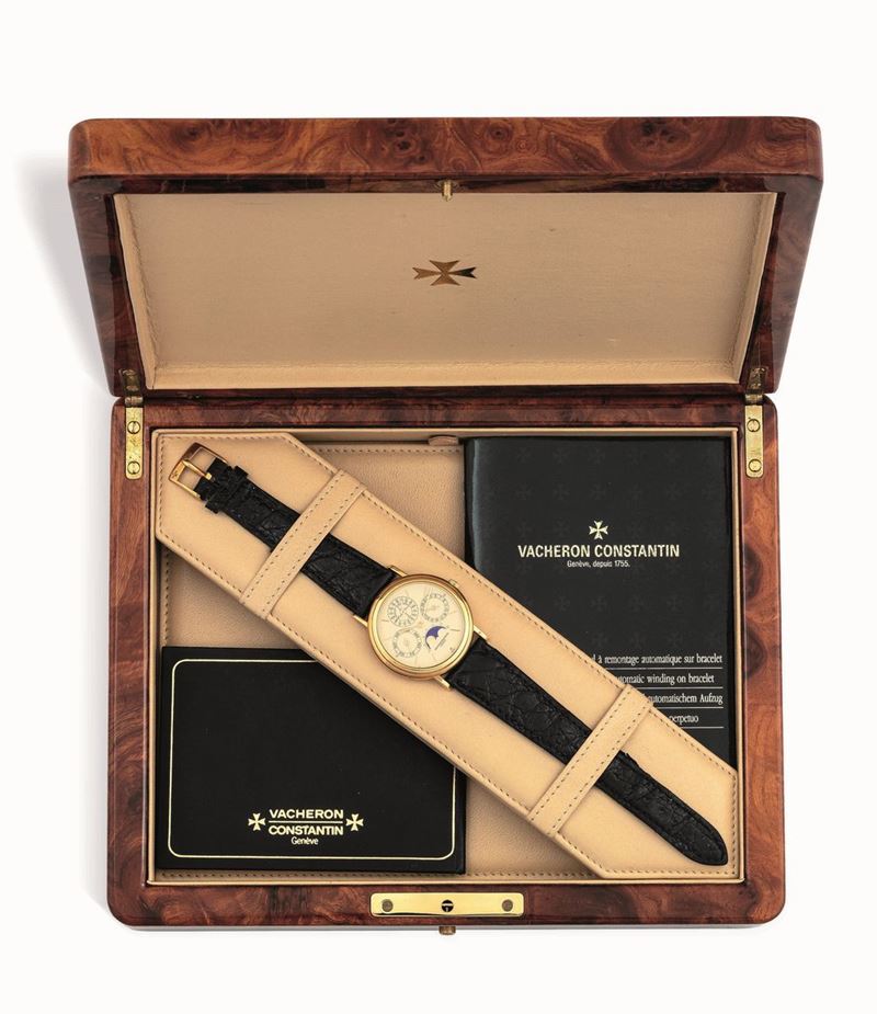 VACHERON & CONSTANTIN - Fine yellow gold wristwatch, perpetual calendar, moon phase. Fitted with original box, guarantee and instruction manuale.  - Auction Important Wristwatches and Pocket Watches - Cambi Casa d'Aste