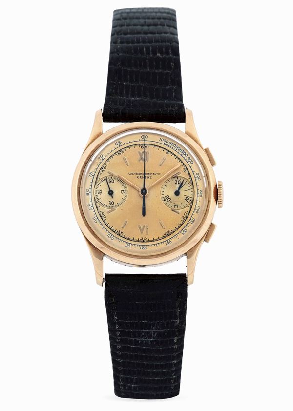 VACHERON & CONSTANTIN - Elegant rose gold wristwatch with chronograph, roman numbers at 6 and 12 o'clock.
