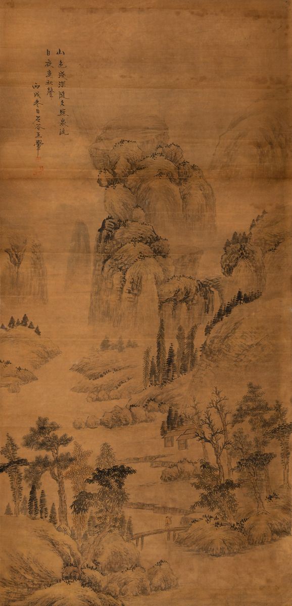 Dipinto a inchiostro su carta raffigurante paesaggio con personaggi e iscrizioni, Cina, inizi XX secolo