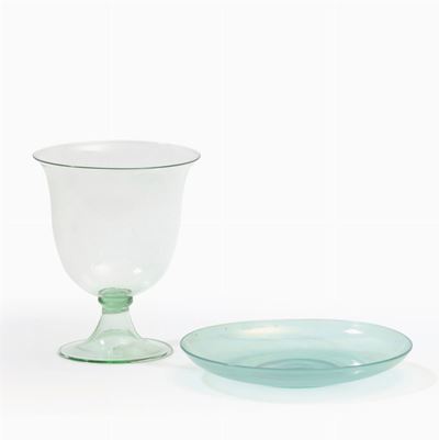 MVM Cappellin, Coppa su alto piede a tromba in vetro verde (Murano, ca. 1930)