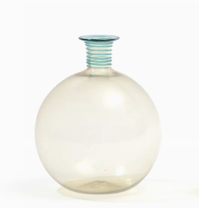 Murano, Vaso a sfera in vetro soffiato pagli esco con decoro a spirale azzurrina (circa 1930)