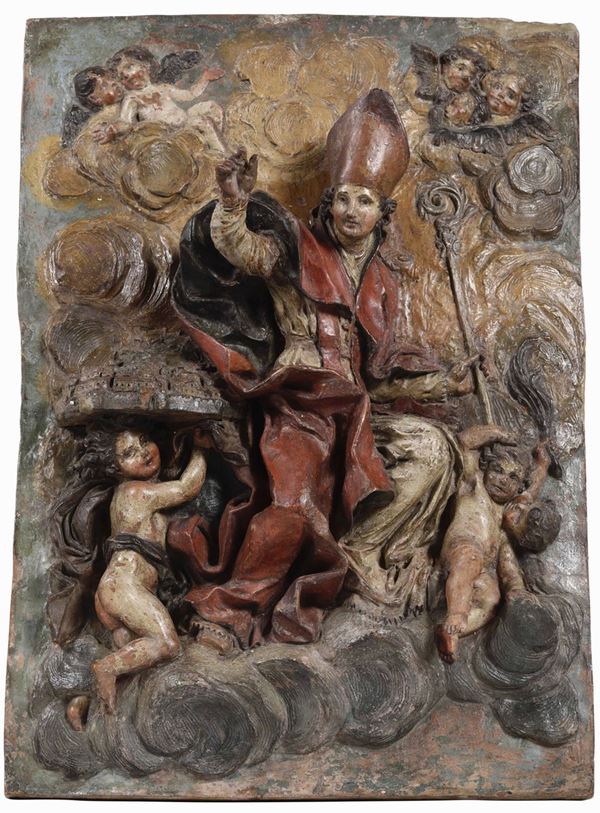 Santo Vescovo assunto in cielo (San Ercolano?). Placca in creta policroma. Plasticatore barocco, Italia XVIII secolo