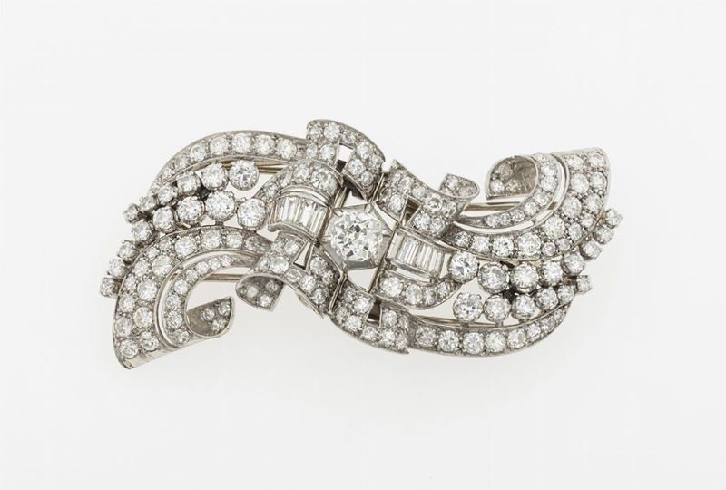 Diamond and platinum double-clip brooch  - Auction Fine Jewels  - Cambi Casa d'Aste