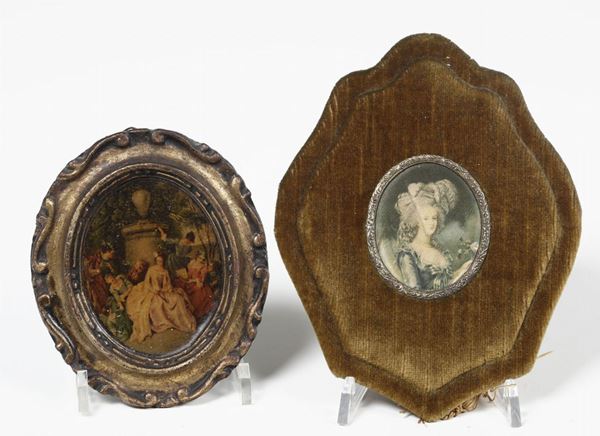 Coppia di miniature diverse raffiguranti ritratto di gentildonna e personaggi in giardino, Francia, riproduzioni del XX secolo