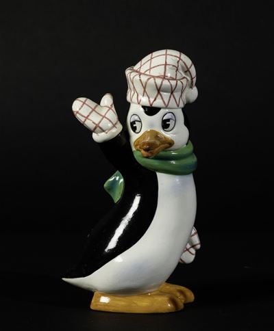 Ugo Zaccagnini (attribuito), Figura di Pablo Pinguino in ceramica policroma a colaggio