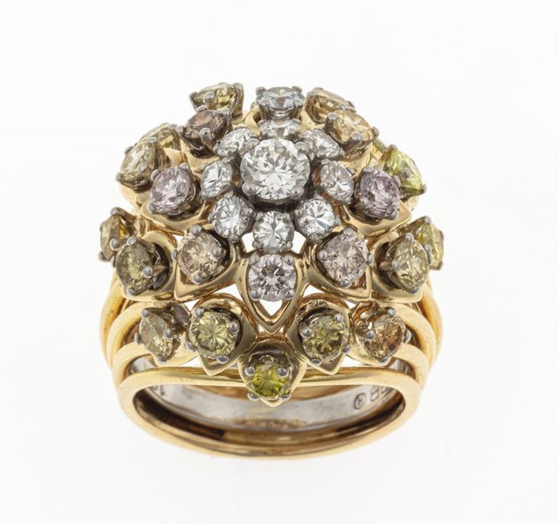 Diamond, fancy diamond, gold and platinum ring. Signed David WEBB  - Auction Fine Jewels  - Cambi Casa d'Aste