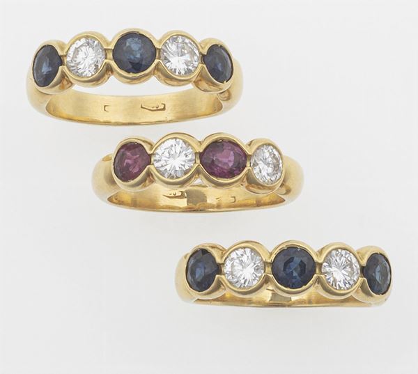 Tre anelli con diamanti, rubini e zaffiri