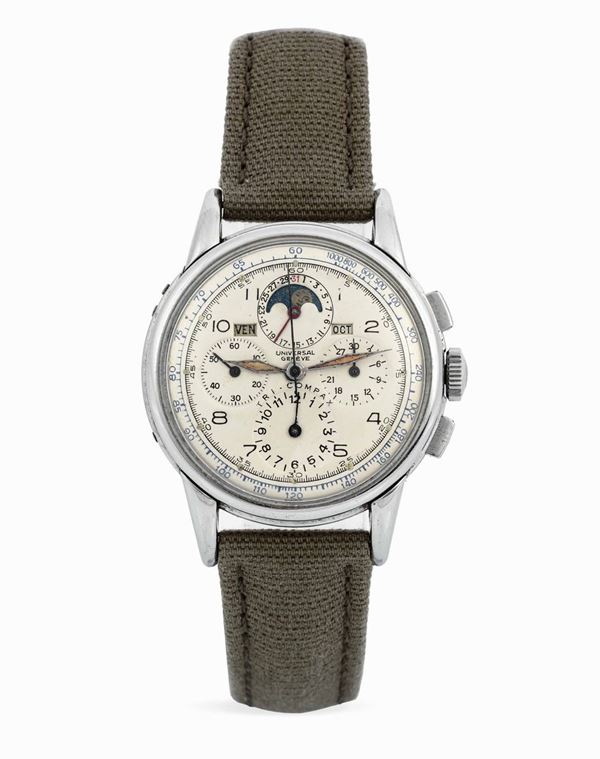 UNIVERSAL GENEVE - Stainless steel wristwatch, chronograph, perpetual calendar and moon phases.