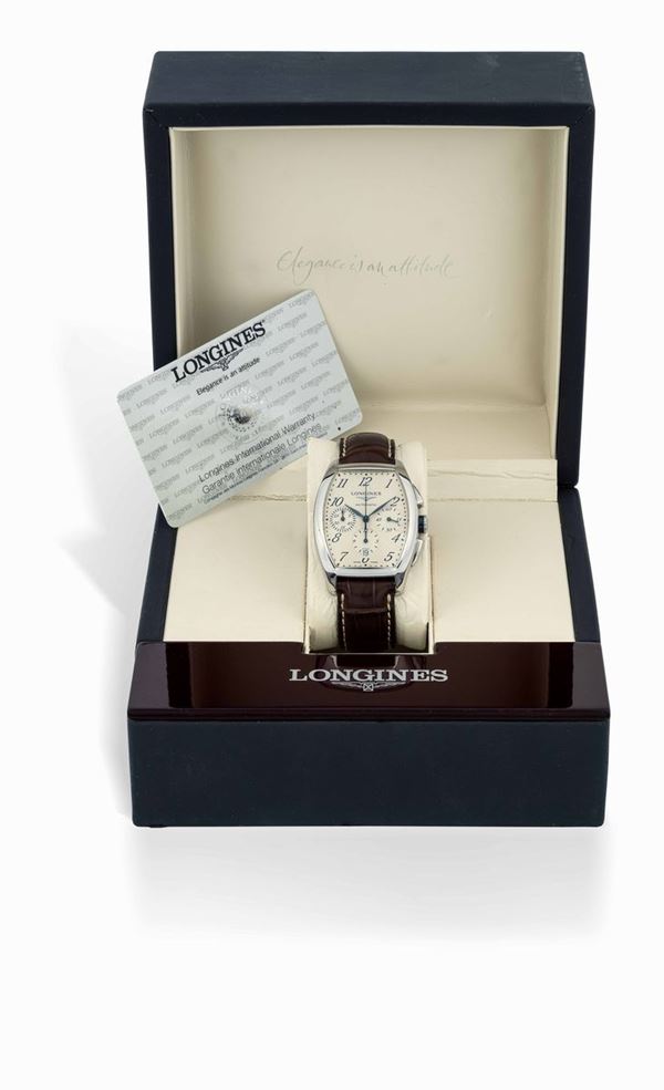 LONGINES - Stainless steel chronograph wristwatch, date at 6 o'clock. Fitted with original box and guarantee.