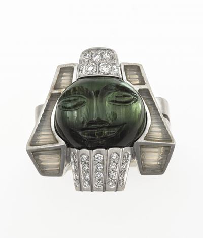Enrico Cirio. Anello Luna Egizia con Crisoberillo Inciso, Diamanti ed Adularia