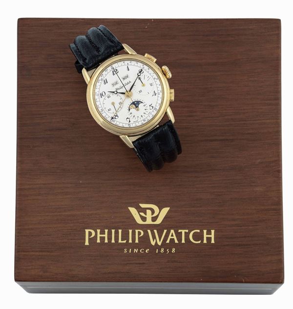 PHILIP WATCH - Yellow gold wristwatch with moon phase at 6 o'clock and date display at 12 o'clock. Equipped with instruction manual and box.