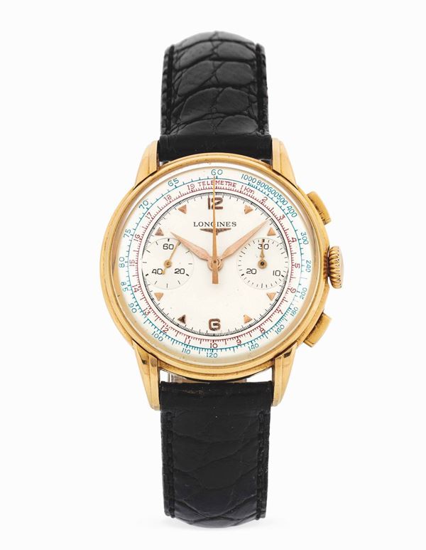 LONGINES - Rose gold wristwatch with telemtric scale and tachymeter scale.
