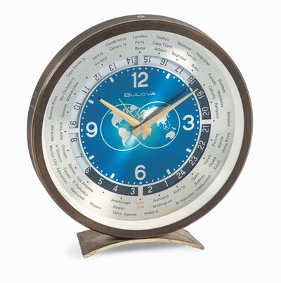 Bulova - Orologio da Tavolo Ore del Mondo con Quadrante Blu Raffigurante il Planisfero.