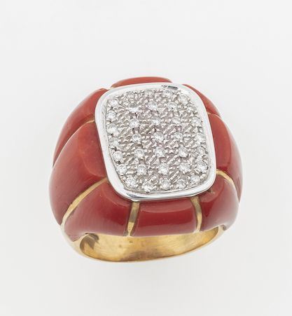 Anello con diamanti e corallo  - Auction Jewels and Corals | Time Auction - Cambi Casa d'Aste