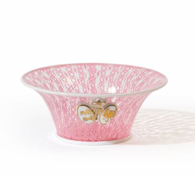 Venini, Bomboniera in vetro di Murano (coppa a canne filigrana rosa), 1955 ca.