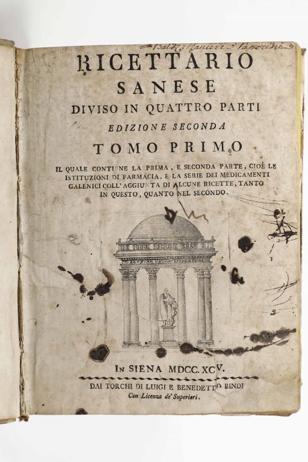 Ricettari-farmacia Ricettario Sanese diviso in quattro parti edizione seconda... In Siena, Bindi, 1795.