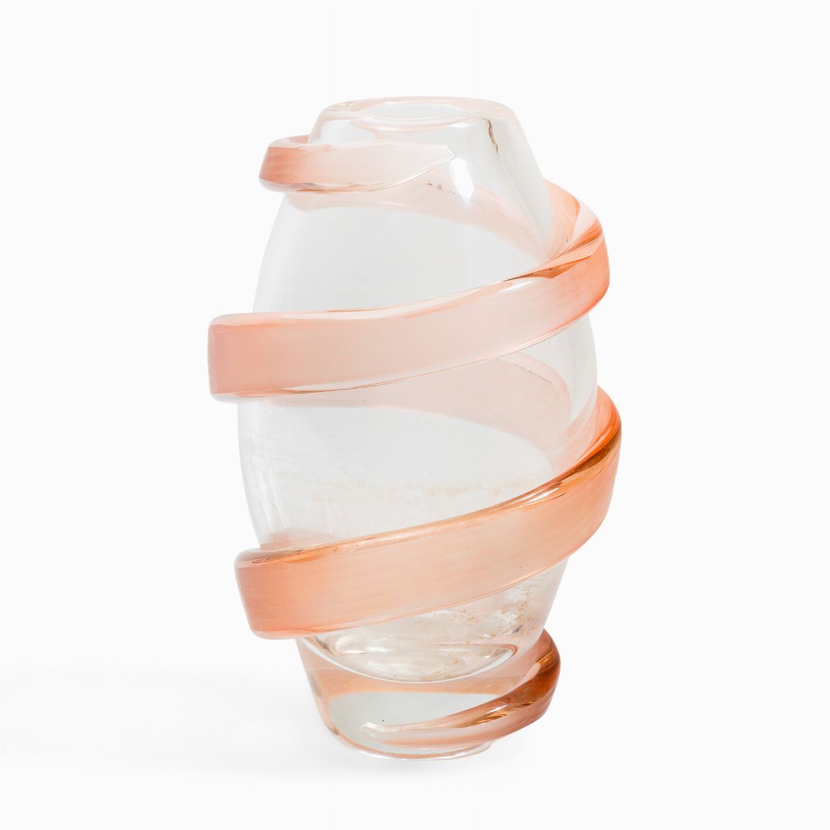 Venini, Vaso in vetro soffiato con decoro a spirale rosa (Murano, 1989 ca.)
